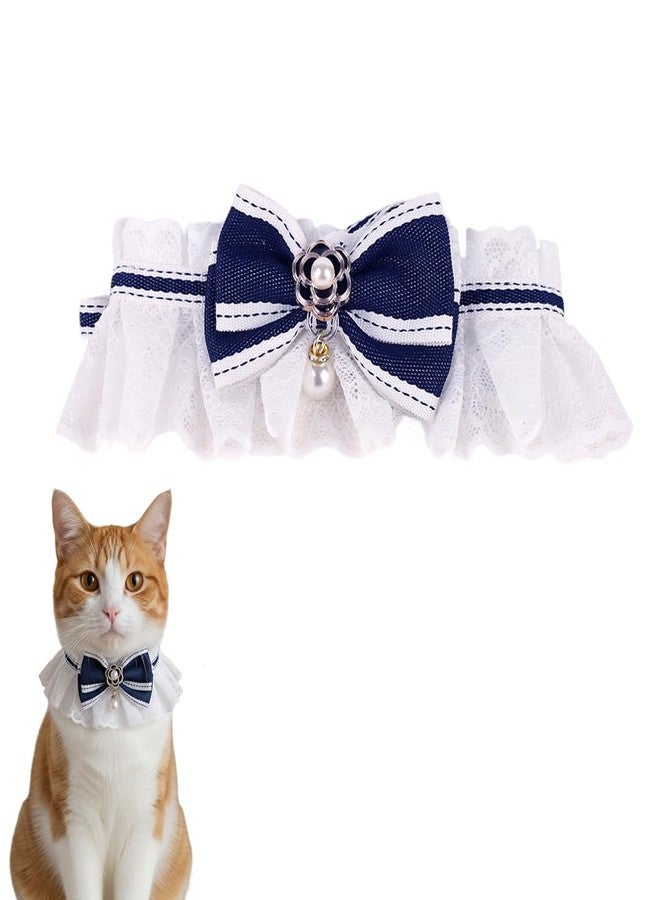 Qpets® Cat Lace Collar with Floral Ornament, Sweetly Stylish Tie-up Bow Collar with White Lace Trim, Fashion Pet Collar for Cat, Small Breed Dogs-Blue - Image 1